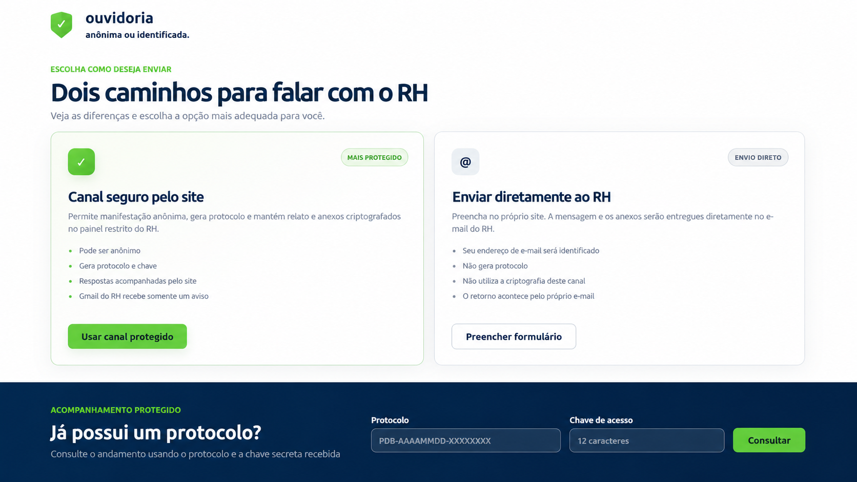 Tela do Canal de Ouvidoria: dois caminhos para falar com o RH